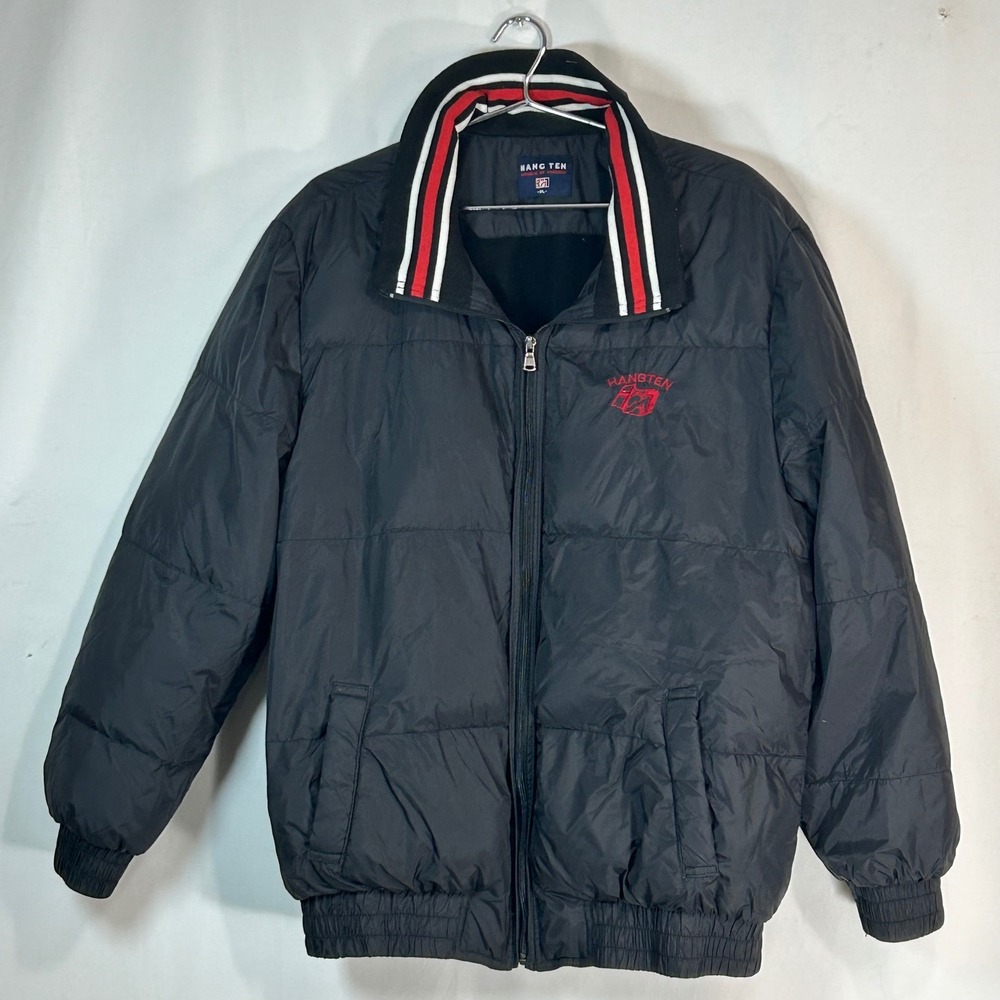 Hang Ten Puffer Jacket Black Red White‎ Striped Collar Zip Front Mens XL